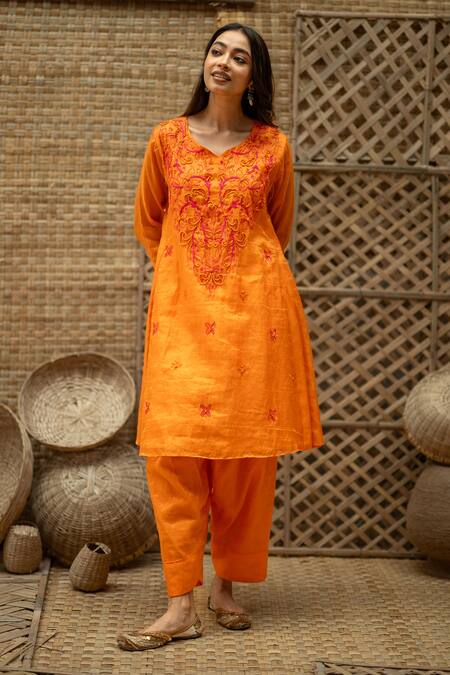 Shop_Vaani Beswal_Orange Tissue, Chanderi Embroidery, Beads V-neck Eira A-line Kurta And Pant Set _Online_at_Aza_Fashions