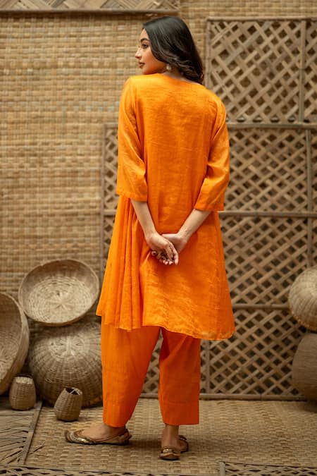 Vaani Beswal_Orange Tissue, Chanderi Embroidery, Beads V-neck Eira A-line Kurta And Pant Set _at_Aza_Fashions