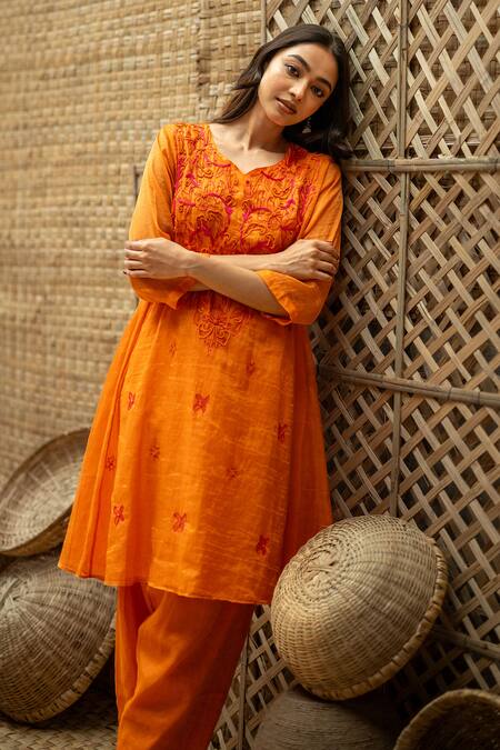 Shop_Vaani Beswal_Orange Tissue, Chanderi Embroidery, Beads V-neck Eira A-line Kurta And Pant Set 