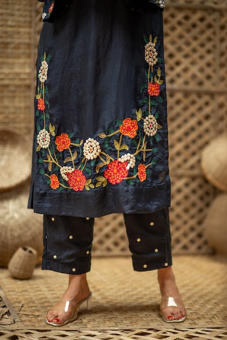 Buy_Vaani Beswal_Navy Silk Applique, Embroidery, Sequins Elina Hand Floral Kurta And Pant Set _Online_at_Aza_Fashions