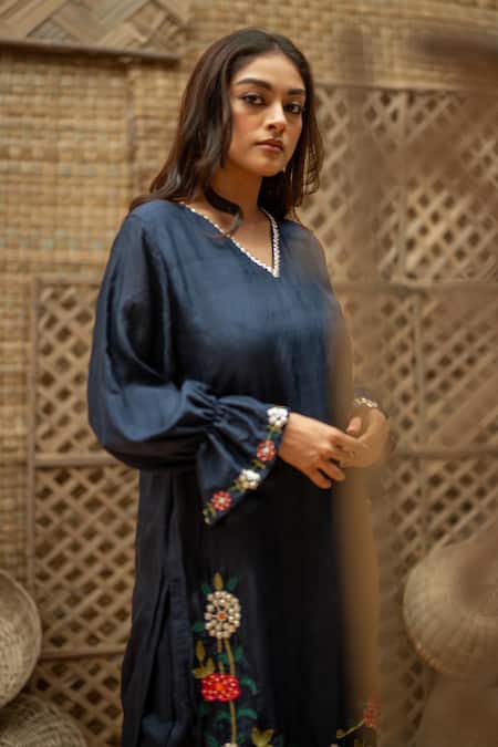Shop_Vaani Beswal_Navy Silk Applique, Embroidery, Sequins Elina Hand Floral Kurta And Pant Set _Online_at_Aza_Fashions