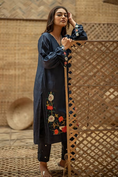 Vaani Beswal_Navy Silk Applique, Embroidery, Sequins Elina Hand Floral Kurta And Pant Set _at_Aza_Fashions