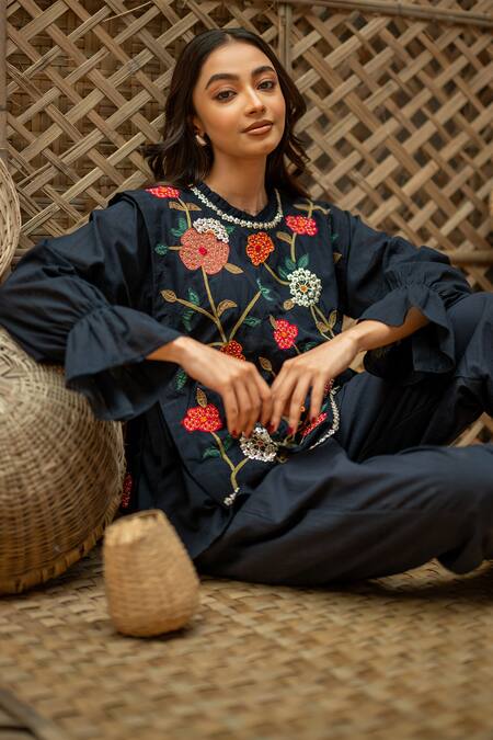 Vaani Beswal_Navy Cotton Applique, Sequins, Beads, Embroidery Fariah Floral Shirt Pant Set _Online_at_Aza_Fashions
