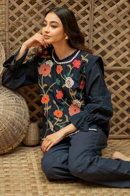 Buy_Vaani Beswal_Navy Cotton Applique, Sequins, Beads, Embroidery Fariah Floral Shirt Pant Set _Online_at_Aza_Fashions