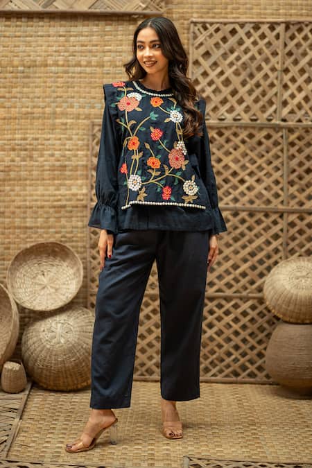 Shop_Vaani Beswal_Navy Cotton Applique, Sequins, Beads, Embroidery Fariah Floral Shirt Pant Set _Online_at_Aza_Fashions