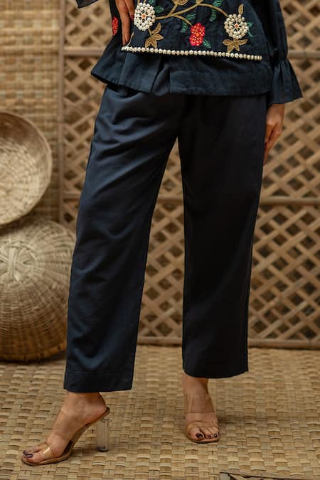 Vaani Beswal_Navy Cotton Applique, Sequins, Beads, Embroidery Fariah Floral Shirt Pant Set _at_Aza_Fashions