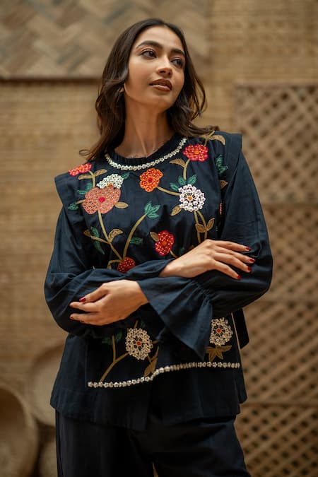 Buy_Vaani Beswal_Navy Cotton Applique, Sequins, Beads, Embroidery Fariah Floral Shirt Pant Set 