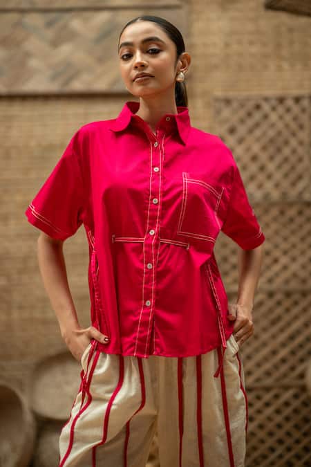 Vaani Beswal_Pink Cotton Embroidery, Gurleen Contrast Cord Pipe Work Shirt And Trouser Set _Online_at_Aza_Fashions