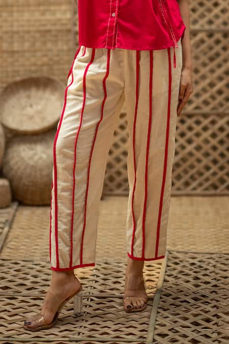 Buy_Vaani Beswal_Pink Cotton Embroidery, Gurleen Contrast Cord Pipe Work Shirt And Trouser Set _Online_at_Aza_Fashions