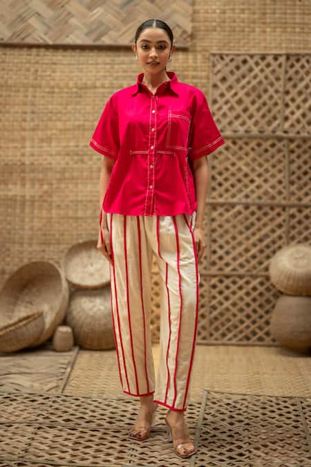 Shop_Vaani Beswal_Pink Cotton Embroidery, Gurleen Contrast Cord Pipe Work Shirt And Trouser Set _Online_at_Aza_Fashions