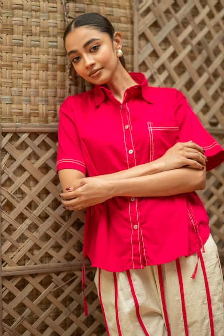 Vaani Beswal_Pink Cotton Embroidery, Gurleen Contrast Cord Pipe Work Shirt And Trouser Set _at_Aza_Fashions
