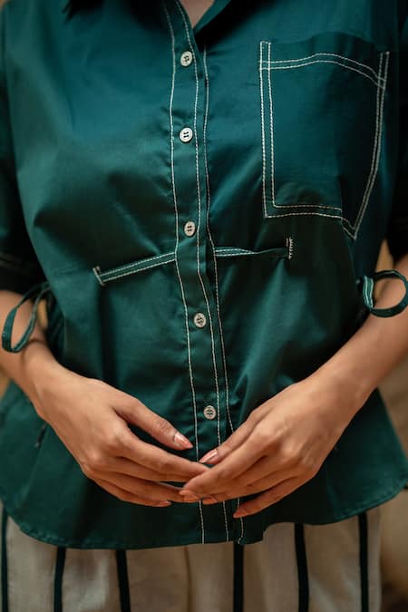 Buy_Vaani Beswal_Green Cotton Embroidery Gurleen Contrast Stitch Shirt And Striped Pant Set _Online_at_Aza_Fashions