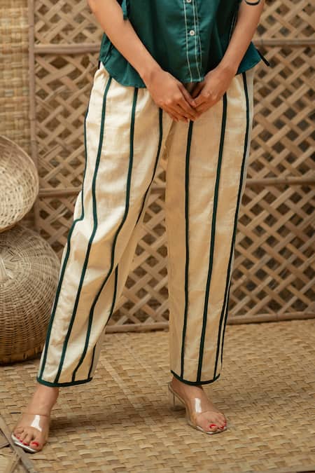 Shop_Vaani Beswal_Green Cotton Embroidery Gurleen Contrast Stitch Shirt And Striped Pant Set _Online_at_Aza_Fashions