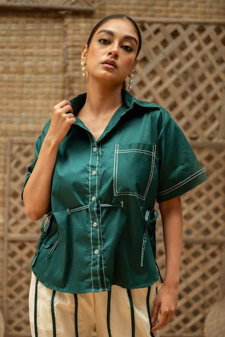 Vaani Beswal_Green Cotton Embroidery Gurleen Contrast Stitch Shirt And Striped Pant Set _at_Aza_Fashions