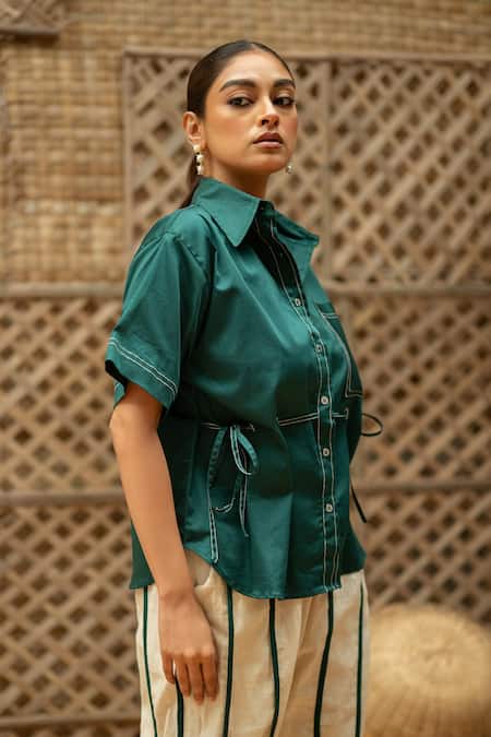 Buy_Vaani Beswal_Green Cotton Embroidery Gurleen Contrast Stitch Shirt And Striped Pant Set 