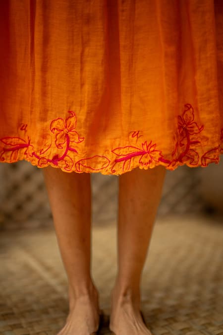 Vaani Beswal_Orange Chanderi Beads, Cut Work Round Neck, Split Veda Applique And Flounce Dress _Online_at_Aza_Fashions