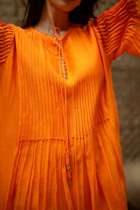 Shop_Vaani Beswal_Orange Chanderi Beads, Cut Work Round Neck, Split Veda Applique And Flounce Dress _Online_at_Aza_Fashions