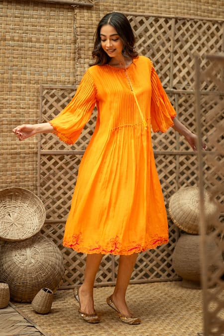 Buy_Vaani Beswal_Orange Chanderi Beads, Cut Work Round Neck, Split Veda Applique And Flounce Dress 