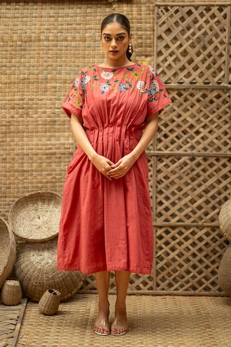 Shop_Vaani Beswal_Pink Cotton Applique, Sequins, Embroidery Round Neck Zohra Floral Midi Dress 