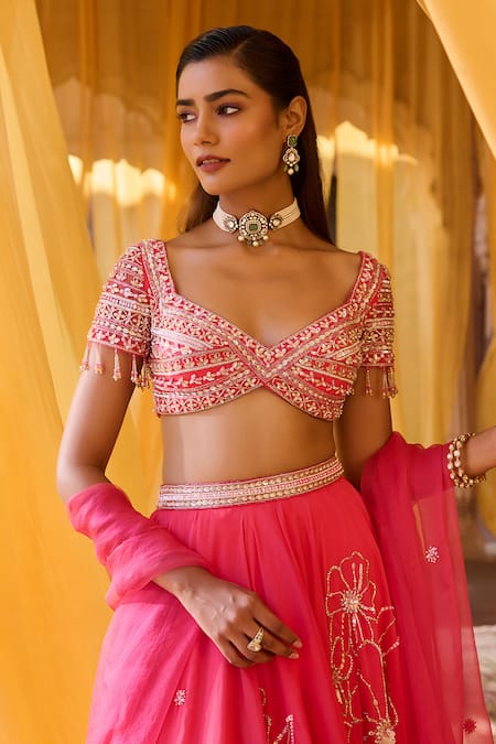 Zoon_Coral Net, Organza Embroidery, Tassels Sweetheart Neck Aari Lehenga Set _Online_at_Aza_Fashions