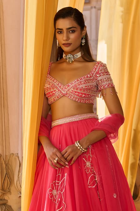 Buy_Zoon_Coral Net, Organza Embroidery, Tassels Sweetheart Neck Aari Lehenga Set _Online_at_Aza_Fashions