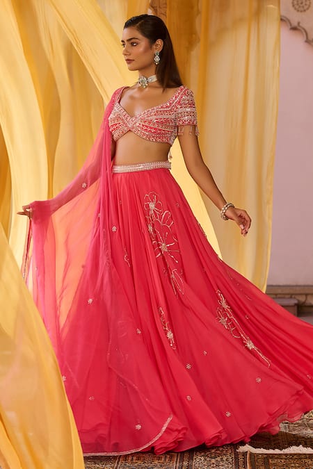 Zoon_Coral Net, Organza Embroidery, Tassels Sweetheart Neck Aari Lehenga Set _at_Aza_Fashions