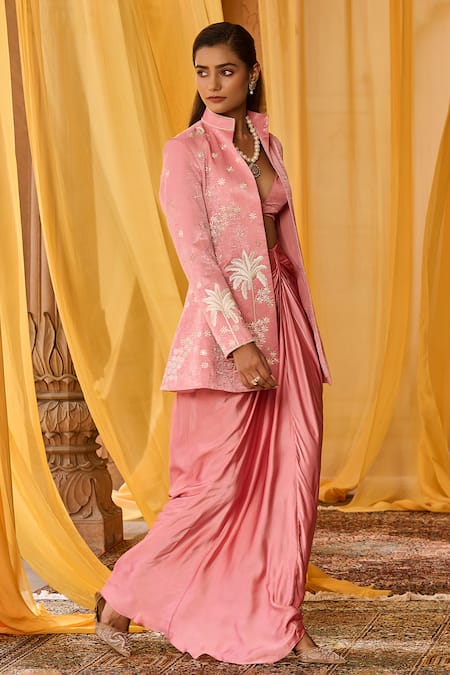 Shop_Zoon_Pink Satin Embroidery High Neck, Aari Jacket Draped Skirt Set _Online_at_Aza_Fashions