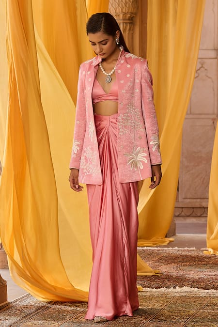Zoon_Pink Satin Embroidery High Neck, Aari Jacket Draped Skirt Set _at_Aza_Fashions
