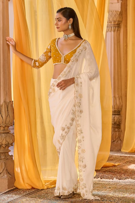Zoon_Off White Chiffon, Net Embroidery, Sequins V-neck Aari Saree With Blouse _at_Aza_Fashions