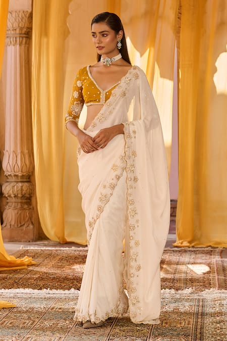 Shop_Zoon_Off White Chiffon, Net Embroidery, Sequins V-neck Aari Saree With Blouse 