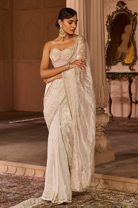 Zoon Aari Work Embroidered Pre-Draped Saree With Corset 