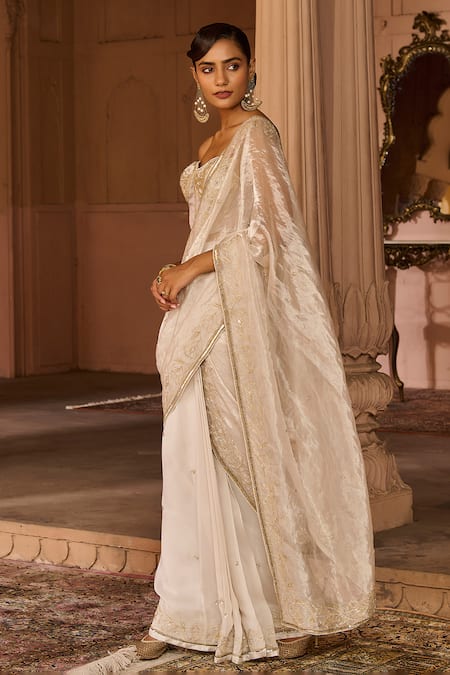 Zoon_White Silk, Tissue, Organza Embroidery, Zari Work Pre-draped Saree With Corset _Online_at_Aza_Fashions