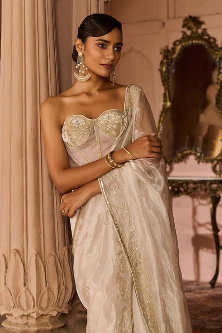Buy_Zoon_White Silk, Tissue, Organza Embroidery, Zari Work Pre-draped Saree With Corset _Online_at_Aza_Fashions