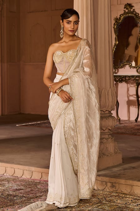 Zoon_White Silk, Tissue, Organza Embroidery, Zari Work Pre-draped Saree With Corset _at_Aza_Fashions