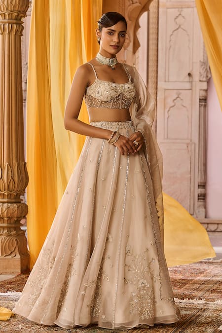 Zoon_Beige Silk Organza, Net, Tissue Embroidery, Metallic Thread, Aari Lehenga Set _Online_at_Aza_Fashions