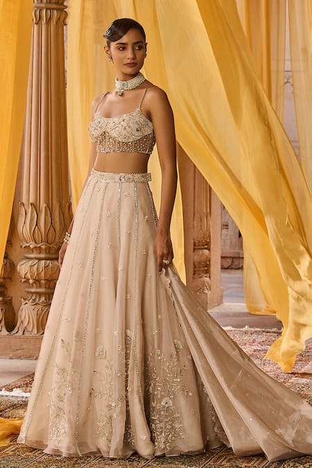 Buy_Zoon_Beige Silk Organza, Net, Tissue Embroidery, Metallic Thread, Aari Lehenga Set _Online_at_Aza_Fashions