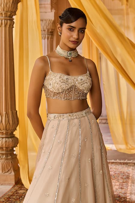 Shop_Zoon_Beige Silk Organza, Net, Tissue Embroidery, Metallic Thread, Aari Lehenga Set _Online_at_Aza_Fashions
