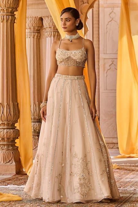 Buy_Zoon_Beige Silk Organza, Net, Tissue Embroidery, Metallic Thread, Aari Lehenga Set 