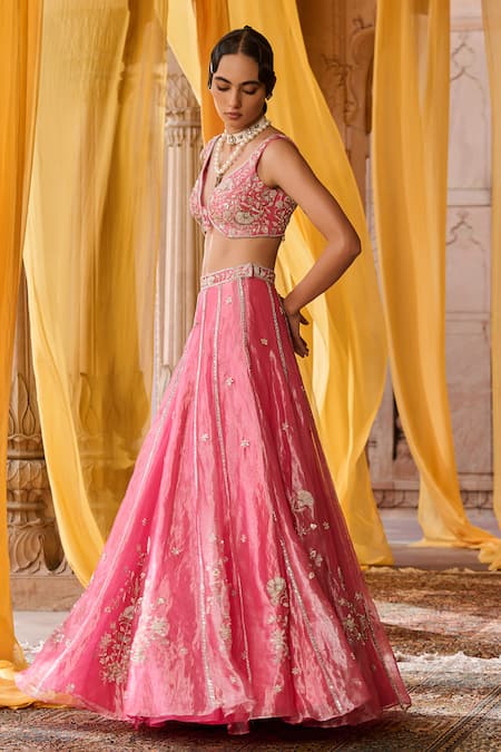 Buy_Zoon_Pink Tissue, Silk Organza Embroidery, Tassels V-neck, Scoop Aari Lehenga Set _Online_at_Aza_Fashions