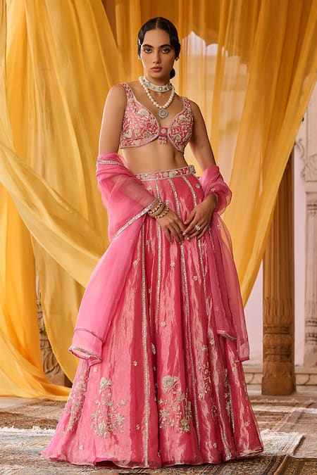 Shop_Zoon_Pink Tissue, Silk Organza Embroidery, Tassels V-neck, Scoop Aari Lehenga Set _Online_at_Aza_Fashions
