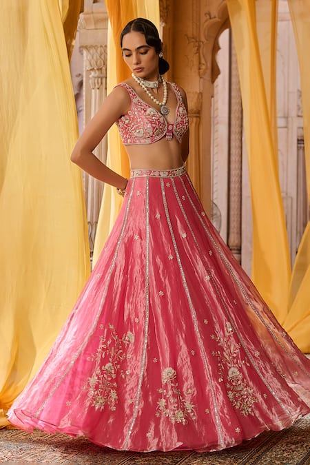 Zoon_Pink Tissue, Silk Organza Embroidery, Tassels V-neck, Scoop Aari Lehenga Set _at_Aza_Fashions