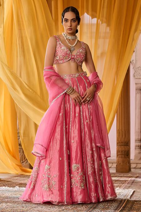 Shop_Zoon_Pink Tissue, Silk Organza Embroidery, Tassels V-neck, Scoop Aari Lehenga Set 