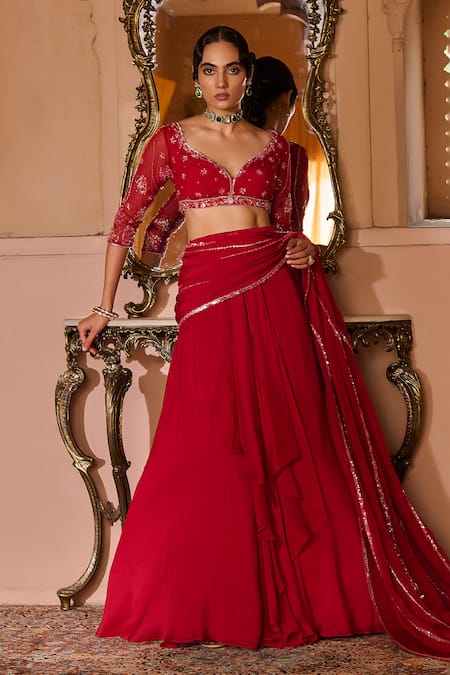 Zoon_Red Organza, Net Sequins, Embroidery V-neck, Aari Pre-draped Saree With Blouse _Online_at_Aza_Fashions