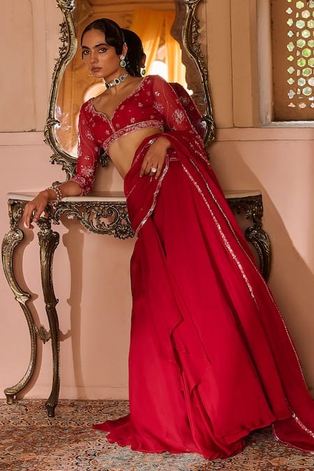 Shop_Zoon_Red Organza, Net Sequins, Embroidery V-neck, Aari Pre-draped Saree With Blouse _Online_at_Aza_Fashions