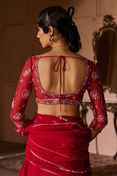 Buy_Zoon_Red Organza, Net Sequins, Embroidery V-neck, Aari Pre-draped Saree With Blouse 