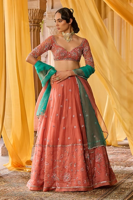 Buy_Zoon_Coral Silk Organza, Net Embroidery, Sequins, Cut Work Aari Hand Lehenga Set _Online_at_Aza_Fashions