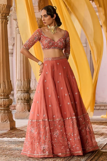 Shop_Zoon_Coral Silk Organza, Net Embroidery, Sequins, Cut Work Aari Hand Lehenga Set _Online_at_Aza_Fashions
