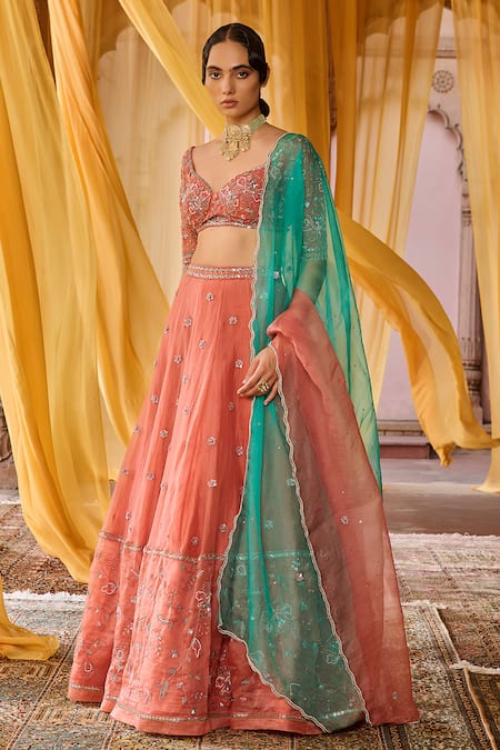 Zoon_Coral Silk Organza, Net Embroidery, Sequins, Cut Work Aari Hand Lehenga Set _at_Aza_Fashions