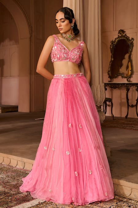Shop_Zoon_Pink Net, Silk , Satin, Ombre Floral Aari Lehenga Set _Online_at_Aza_Fashions