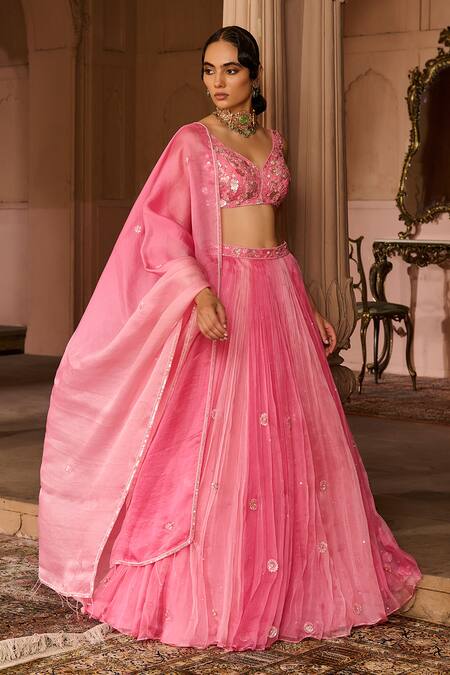 Zoon_Pink Net, Silk , Satin, Ombre Floral Aari Lehenga Set _at_Aza_Fashions